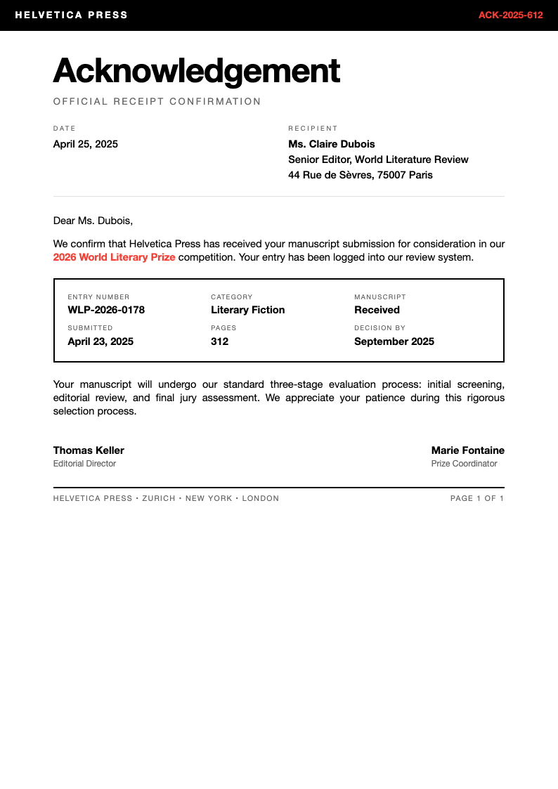 Swiss international acknowledgement letter